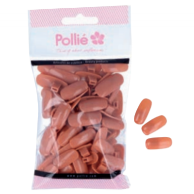 Pontas de plástico castanho-avermelhadas para aspersão da marca Pollié em saco plástico transparente.