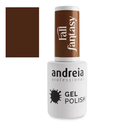 Frasco de verniz gel castanho da marca andreia professional com rótulo 'fall fantasy'