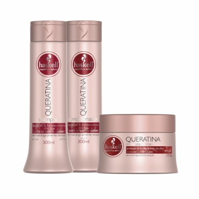 Produtos de cabelo Haskell Queratina shampoo, condicionador e máscara em embalagem rosa
