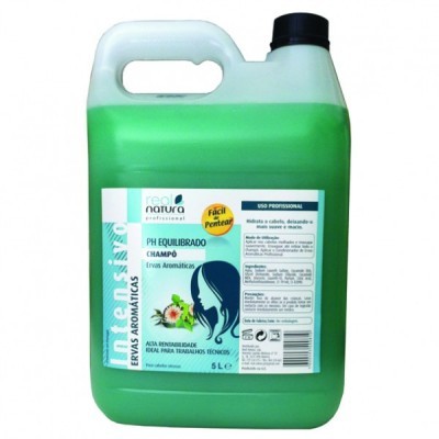 Recipiente grande de champô verde com rótulo branco e azul