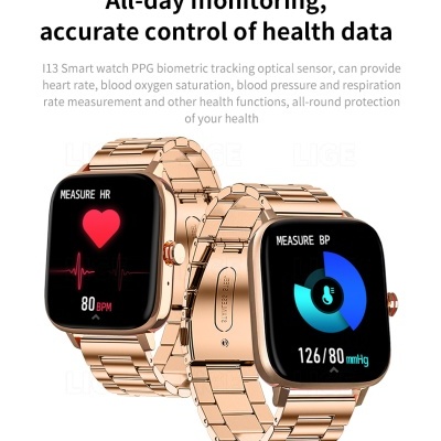 Dois smartwatches dourados com telas a mostrar monitorização de saúde, em fundo branco.
