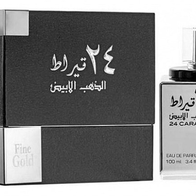 Perfume 24 Carat White Gold em frasco preto e cinza com caixa.