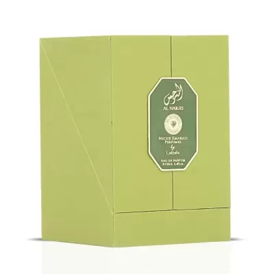 Caixa verde de perfume AL NAHIS com etiqueta preta e texto branco