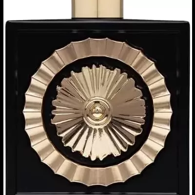 Frasco de perfume preto com ornamento dourado e tampa dourada