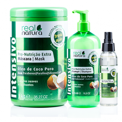 Produtos Real Natura Intensivo de Pro-Nutrição Extra com óleo de coco puro incluindo máscara, champô e óleo em embalagens verdes e transparente.