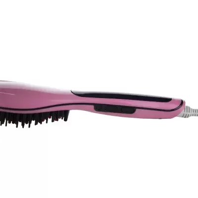 Escova alisadora elétrica cor-de-rosa com cerdas pretas e vermelhas