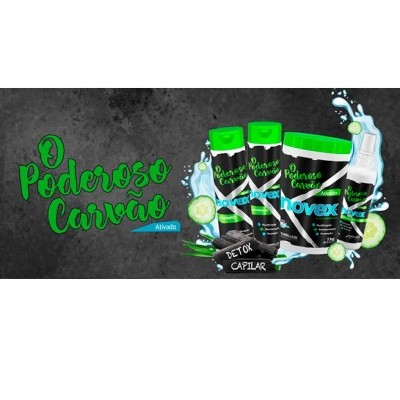 Produtos Novex O Poderoso Carvão com embalagens pretas e tampas verdes e elementos decorativos de pepino e água