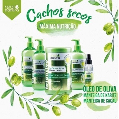 Produtos capilares Real Natura Cachos Secos Máxima Nutrição com óleo de oliva, manteiga de karité e manteiga de cacau