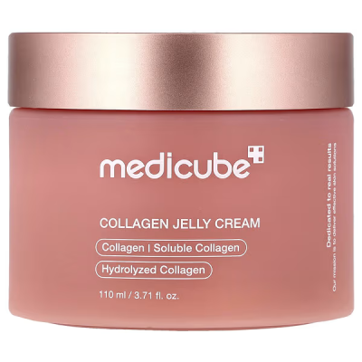 Frasco rosa de creme Medicube Collagen Jelly Cream com tampa metálica