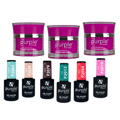 Produtos de unhas Purple Professional com gel builder e vernizes gel com código