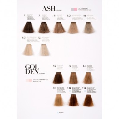 Amostras de cores de tintas para cabelo em tons castanhos e loiros, com números e descrições, divididas em categorias ASH e GOLDEN.