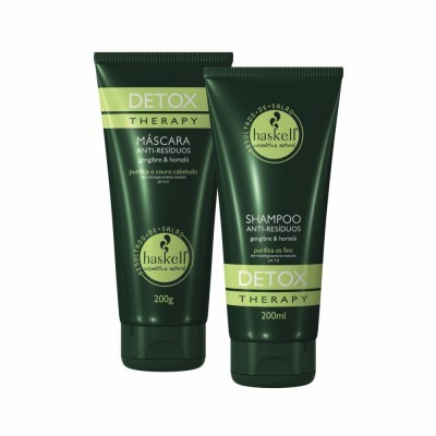 Tubos verdes de máscara e shampoo Haskell Detox Therapy