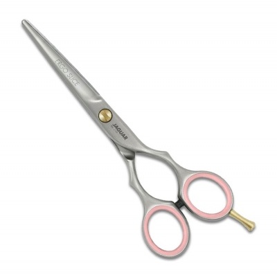 tesoura de corte prateada com argolas rosa e texto gravado