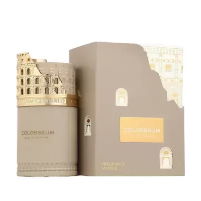 Frasco de perfume e caixa com design do Coliseu em tons bege e dourado