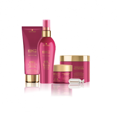 Produtos para cabelo BC bonacure oil miracle em embalagem rosa com detalhes dourados