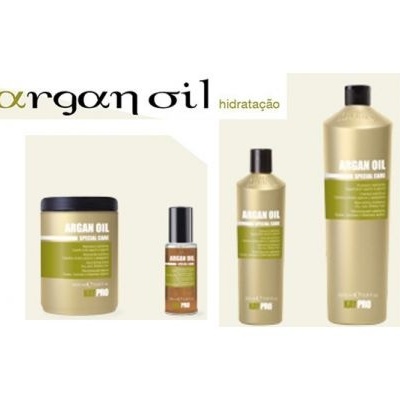 Produtos Argan Oil Hidratação em embalagens douradas com etiquetas verdes