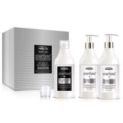 Conjunto produtos L'Oréal Smartbond com frascos brancos e caixa cinza