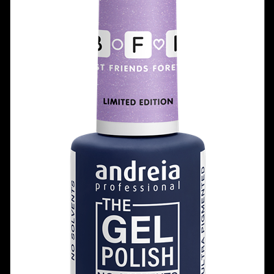Frasco de verniz gel Andreia Professional azul escuro com tampa roxa e texto