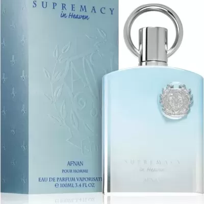 Perfume AFNAN Supremacy in Heaven para homem com caixa azul e frasco azul claro