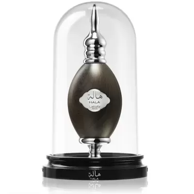 Frasco de perfume em copa de vidro com base preta e texto branco