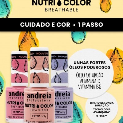 Imagem de vernizes de unhas Andreia Nutri Color Breathable em três cores com detalhes sobre ingredientes e benefícios