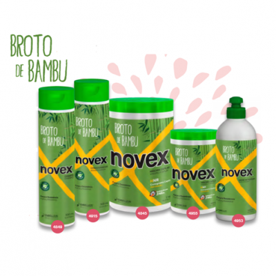 Produtos capilares Novex Broto de Bambu em embalagens verdes e amarelas