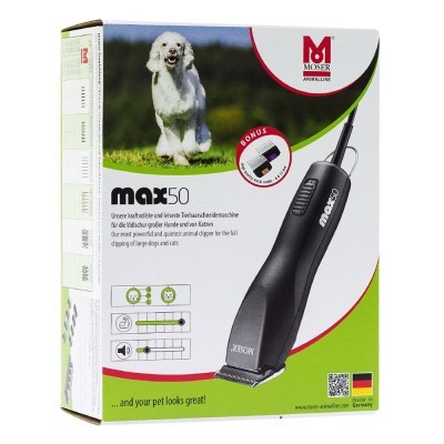 Caixa da máquina de tosquiar Moser max50 com imagem de cão e detalhes do produto