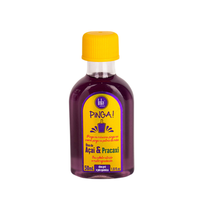 Frasco pequeno de líquido roxo com tampa amarela e etiqueta amarela PINGA!