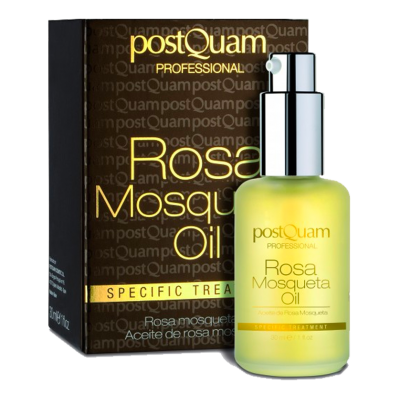 Frasco de óleo de rosa mosqueta amarelo com doseador prateado e embalagem preta com texto amarelo