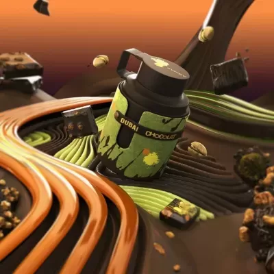 Frasco preto com rótulo verde, chocolates e pistácios em fundo castanho e laranja