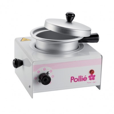 Fogão elétrico compacto Pollié branco com panela de alumínio e botões pretos