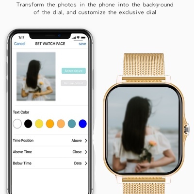 Smartwatch dourado com mostrador personalizado e smartphone com app de personalização de mostrador.