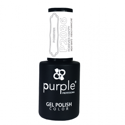 Frasco de verniz gel preto fosco Purple Professional com tampa branca e texto P2036 FOREVER HAPPY