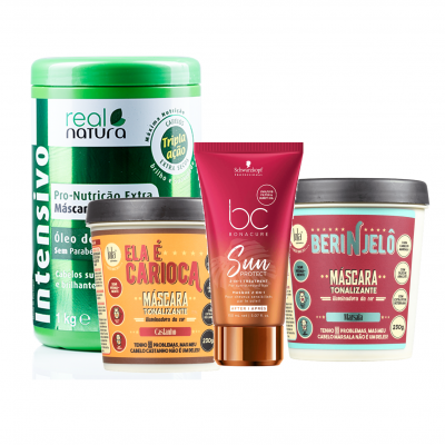 Quatro produtos de cuidados capilares em embalagens coloridas com textos em português.