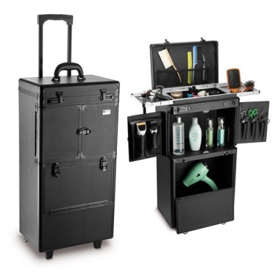 Estojo profissional preto para maquilhagem com rodas e compartimentos organizados.