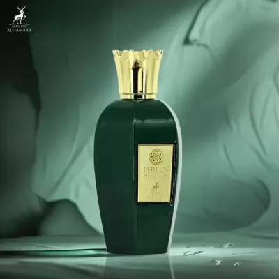 Frasco de perfume verde escuro com tampa dourada em forma de coroa e etiqueta dourada PHILOS MESSENGER.