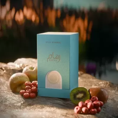 Embalagem azul com texto dourado e frutas frescas sobre superfície rústica