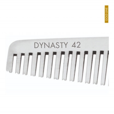 Pente de metal prateado com texto DYNASTY 42