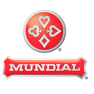 Logotipo vermelho e branco com símbolos de cartas e texto Mundial