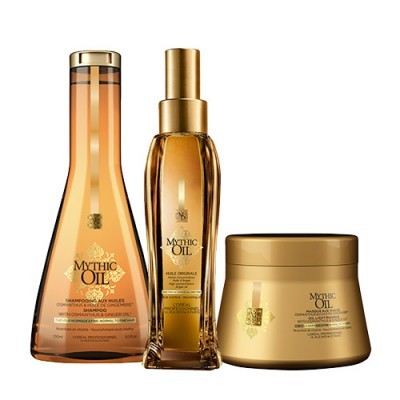 Conjunto de produtos MYTHIC OIL para cabelo em embalagens douradas e transparentes