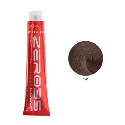 Tubo vermelho de coloração para cabelo com amostra de cor castanho claro