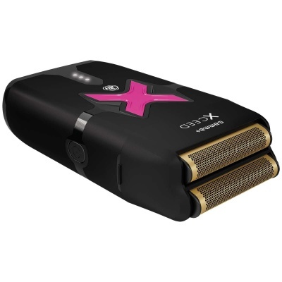 Aparelho de barbear elétrico preto com detalhes rosa e dourado