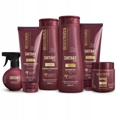 Produtos capilares Bio Extratus Shitake Plus em embalagens vinho com texto dourado e branco
