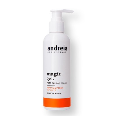Frasco branco com doseador de gel para pés Andreia Professional com texto magic gel e faixa laranja.