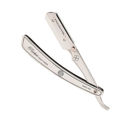 Navalha de barbear em aço inoxidável com cabo branco e detalhes dourados