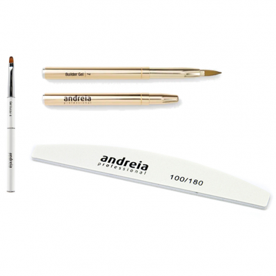 Conjunto de pincéis dourados e lima de unhas branca da marca andreia professional