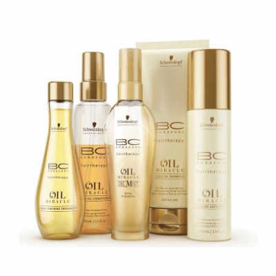 Produtos Schwarzkopf BC Bonacure Oil Miracle em embalagens douradas e transparentes