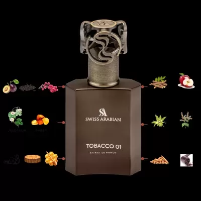 Frasco de perfume Swiss Arabian Tobacco 01 Extrait de Parfum marrom com tampa prateada e ingredientes ao redor