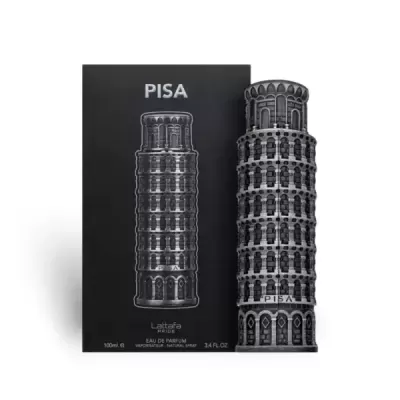 Frasco de perfume negro com forma da Torre de Pisa ao lado da caixa preta com a imagem da torre e texto PISA.