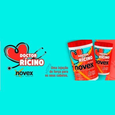 Produtos Novex Doctor Rícino com texto promocional em fundo azul